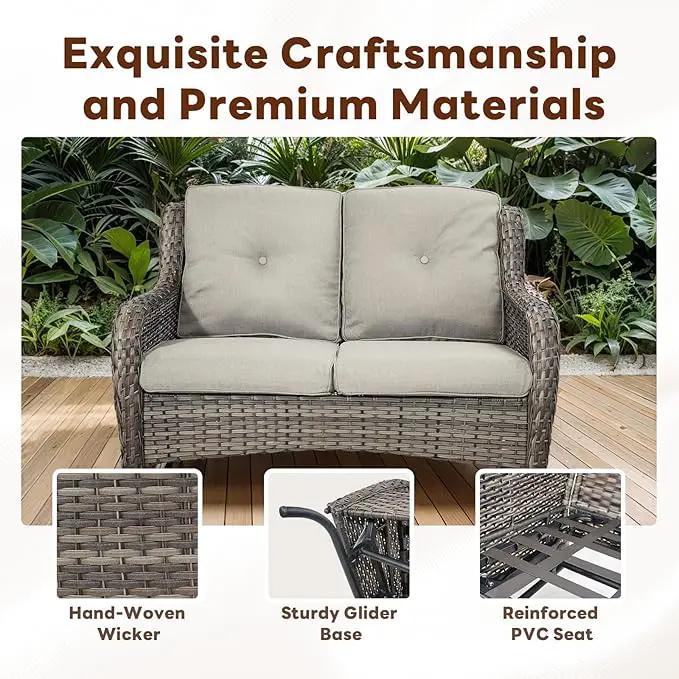 8 Piece Outdoor Patio Furniture Set - 41" CSA Propane Fire Pit Table Patio Conversation Set with Swivel Rocker Outdoor Chairs, Wicker loveseat and Ottoman for Outside Casual Gathering by GreenHaven Gardens