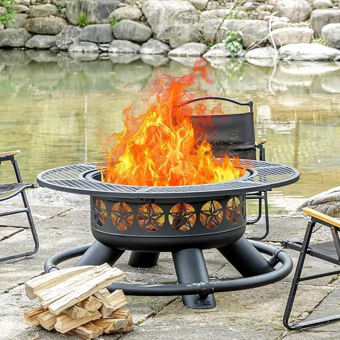 47 Inch Outdoor Fire Pit with 2 Grills, Extra Large BBQ Firepits for Outside, Metal Round Fire pits with Lid&Fire Poker,3 in 1 Wood Burning Outdoor Fireplaces for Backyard,Patio,Bonfire by GreenHaven Gardens