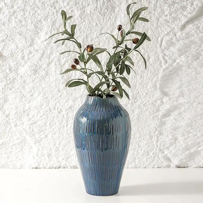 Blue Ceramic Vase for Home Decor,11.6 Inch Flower Vase，Decorative Vases for Pampas Grass，Modern Art Texture Vases for Home Entryway Living Room Dining Table Farmhouse Office Decor-Blue by GreenHaven Gardens
