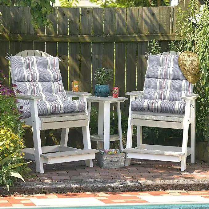 LVTXIII Outdoor Tufted High Back Cushions Set of 2 Patio Seasonal Replacement Rocking Chair Cushion with Ties, Solid Seat and Back Chair Cushion, (44” L x 22W”, Stripe Denim Blue) by GreenHaven Gardens