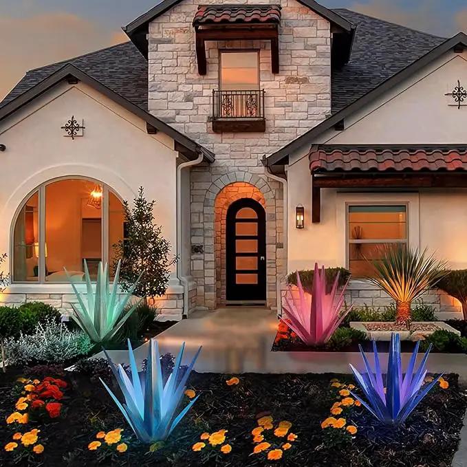Large Tequila Rustic Sculpture, Rustic Metal Agave Plants for Outdoor Patio Yard, Home Decor Hand Painted Metal Agave Garden Yard Statue, Outdoor Lawn Ornaments (Rose Red - L (W/Solar Light)) by GreenHaven Gardens
