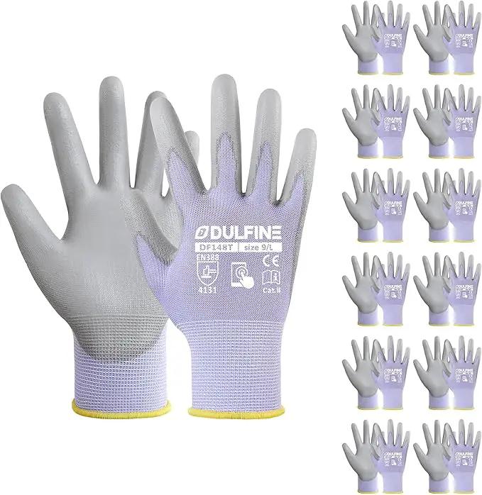 DULFINE Work Gloves for Men PU Coated 12 Pairs Bulk Pack,Purple Seamless Knit Glove with thin Polyurethane,Two Finger Touchscreen, for Men and Women, Ideal for Light Duty Work. (Medium) by GreenHaven Gardens