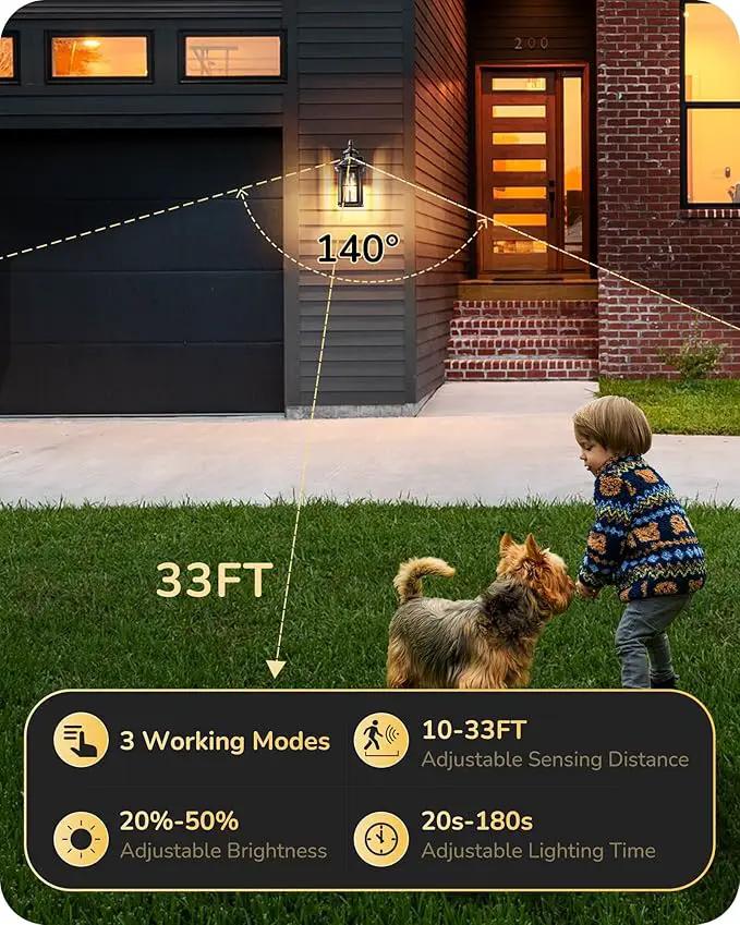 EDISHINE 2 Pack Motion Sensor Outdoor Wall Lights, Dusk to Dawn Exterior Lighting Fixture, Modern Porch Light Wall Mount, Clear Water Glass, Anti-Rust Aluminum for Front Door Garage, Patio, Black by GreenHaven Gardens
