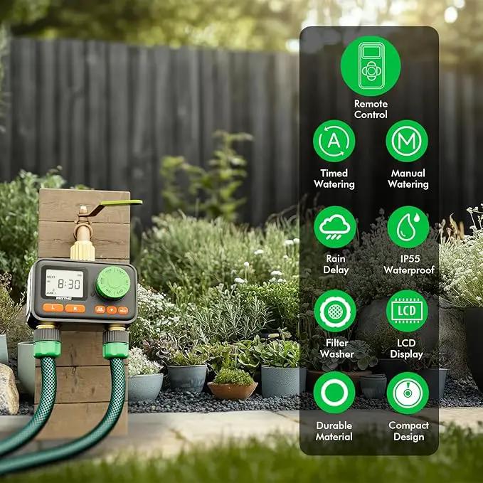 RESTMO RF Remote Controlled Sprinkler Timer with Brass Inlet & Outlet, Water Timer for Garden Hose, Automatic/Manual/Rain Delay for Outdoor Faucet, Drip Irrigation and Lawn Watering, 2 Outlet by GreenHaven Gardens