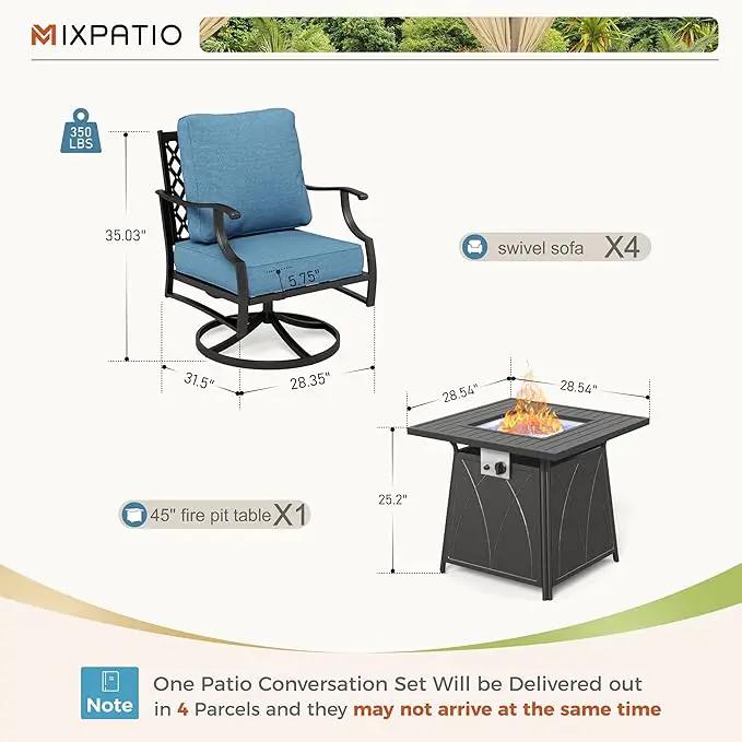 Patio Furniture Set with Fire Pit Table, 5 Pcs Metal Outdoor Conversation Set, 4 Swivel Chairs with 5.75" Extra Thick Cushion and 28" Fire Pit Table for Backyard Deck, Navy Blue by GreenHaven Gardens