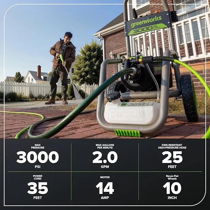 Greenworks Pro Brushless 3000 PSI (CSA Certified) 2.0 GPM Max / 1.1 GPM Electric Pressure Washer (Foldable Handles, Rugged Steel Frame, 25 FT Hose, 35 FT GFCI Power Cord) by GreenHaven Gardens