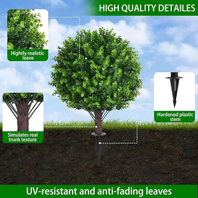 Artificial Eucalyptus Topiary Ball Trees with Ground Spike, Set of 2 UV Resistant Artificial Shrubs, Fake Evergreen Artificial Plant Bushes for Indoor Outdoor Front Porch Garden by GreenHaven Gardens