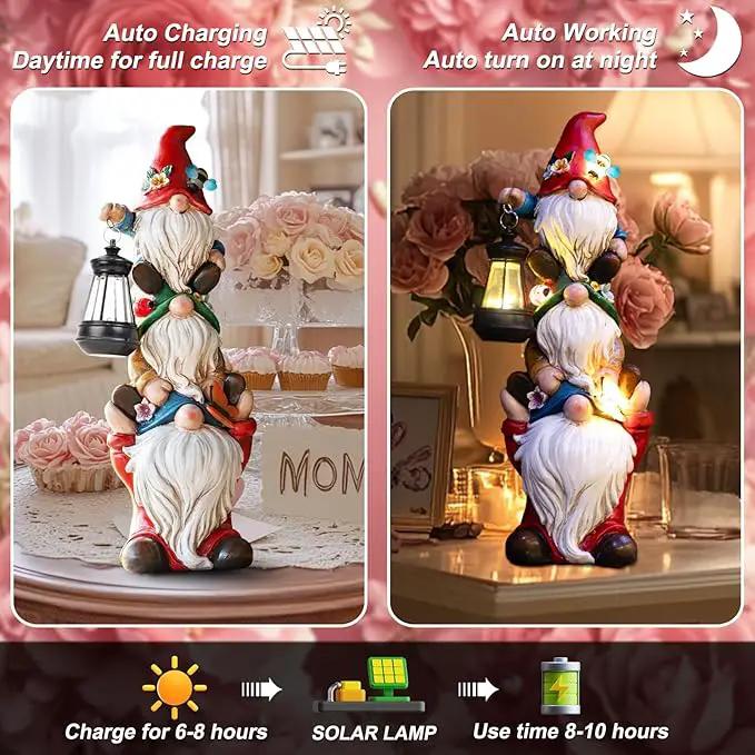 Garden Gnome Statue with Solar Lights Large Garden Sculptures Funny Triple Gnome Outdoor Patio Lawn Yard Balcony Garden Home Decor Gifts for Women Mom 12 in Spring Summer Gnomes Outdoor by GreenHaven Gardens