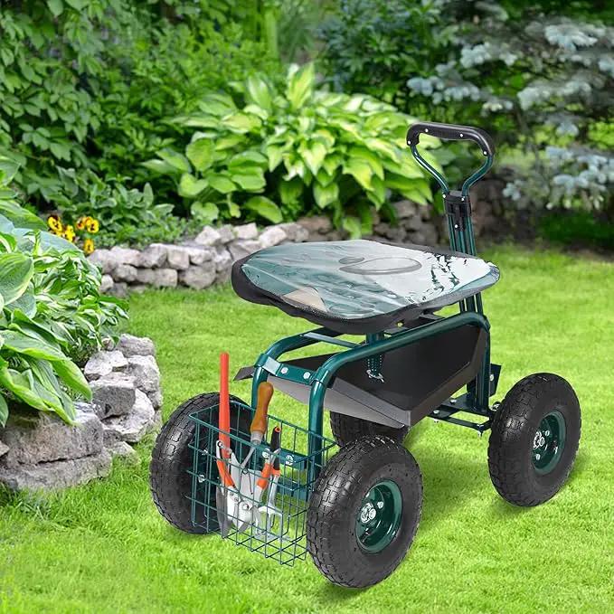 VEVOR Garden Cart Rolling Workseat with Wheels, Gardening Stool for Planting, 360 Degree Swivel Seat, Wagon Scooter with Steering Handle & Utility Tool Tray, Use for Patio, Yard, and Outdoors, Green by GreenHaven Gardens