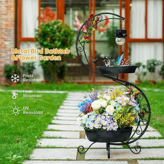 Bird Bath for Outside with Solar Lamp, 36" Birdbaths for Outdoors with Planter Flower Pot, Metal Bird Bath Bowl for Garden Yard Decor (All Black) by GreenHaven Gardens