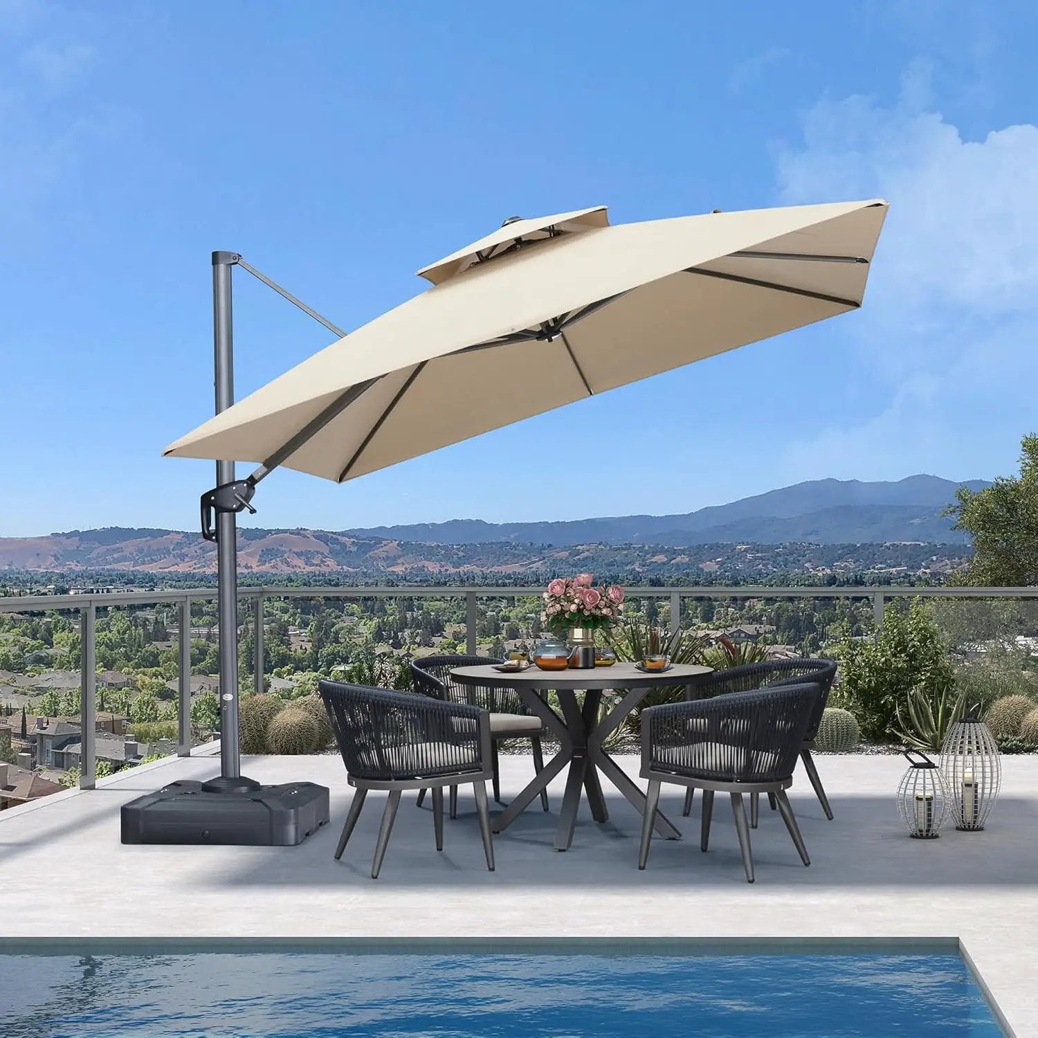 PURPLE LEAF Cantilever Umbrella 10 Feet Outdoor Double Top Large Offset Hanging 360° Rotation Square Umbrella for Garden Patio Deck Pool Backyard Spectrum Sand by GreenHaven Gardens