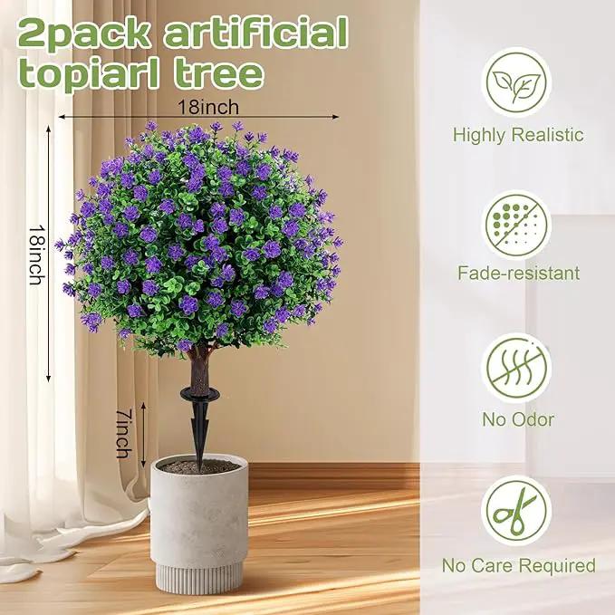 Artificial Purple flower Topiary Ball Tree 25" with Ground Spike, Set of 2 Artificial Boxwood Bushes for Faux Shrubs, Fake Evergreen Faux Plant for Indoor Outdoor Garden -UV Resistant–Fade-Proof by GreenHaven Gardens