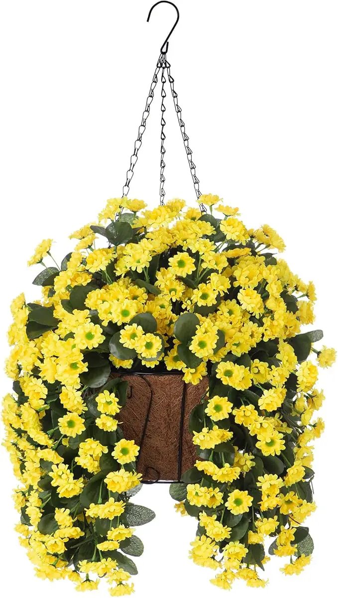 NXUGAO Artificial Flowers with Hanging Basket for Outdoors Indoors Decor, Faux Silk Chrysanthemum Plants in Baskets for Home Decoration Garden Yard Patio, 4 Bundles with 1 Basket by GreenHaven Gardens