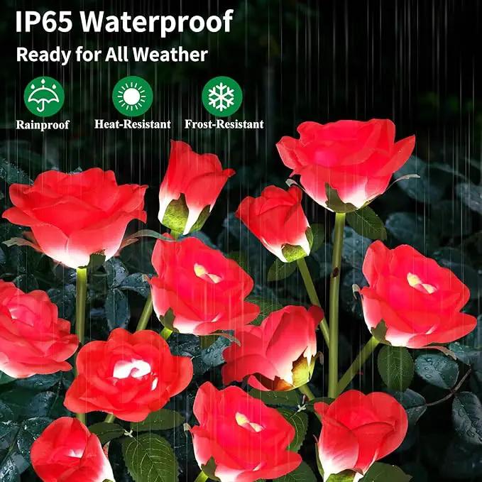 Solar Garden Lights, Solar Outdoor Lights with More Realistic 10 Rose Waterproof Solar Powered Flowers for Outside Patio Yard Pathway Decorations, 2 Pack Red by GreenHaven Gardens