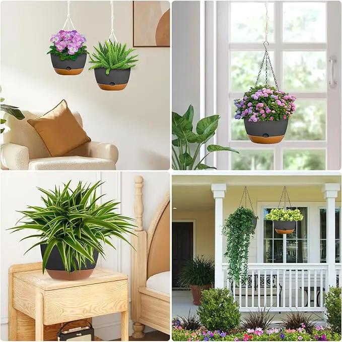 8 Inch Hanging Planters for Indoor & Outdoor Plants (2 Pack) - Self-Watering & Drainage Flower Pots with 2 Kinds of Plant Hangers for Home Decor & Garden (Deep Gray, 8 in) by GreenHaven Gardens