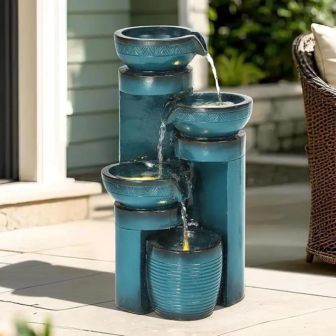 Autodaya 19.3" H Pedestal Outdoor Water Fountain with LED Lights and Pump, 4-Tier Cascading Water Feature, Tranuil Waterfall for Relaxing Garden, Patio, Yard, or Porch, Turquoise, Faux Ceramic Finish by GreenHaven Gardens