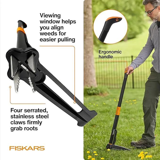 Fiskars 4-Claw Stand Up Weed Puller Tool, Gardening Hand Weeding Tool with 39" Long Ergonomic Handle with Easy-Eject Mechanism by GreenHaven Gardens