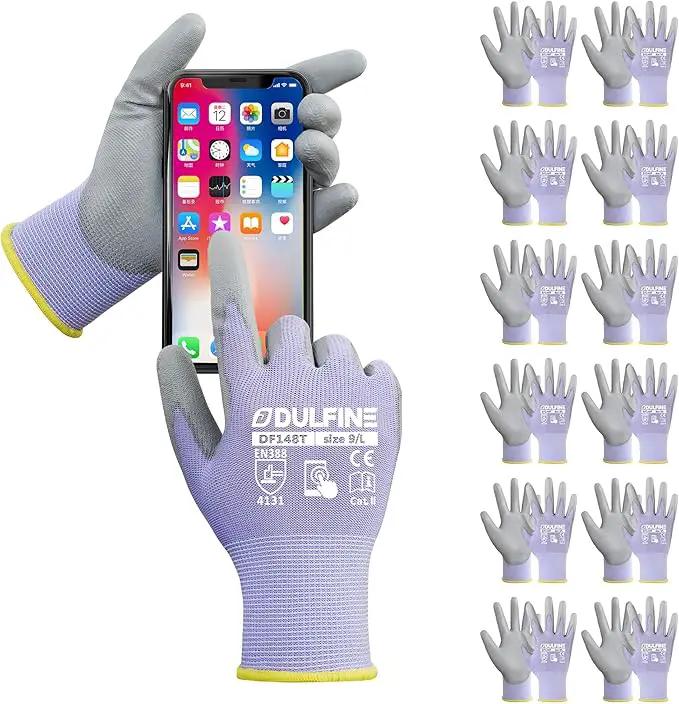 DULFINE Work Gloves for Men PU Coated 12 Pairs Bulk Pack,Purple Seamless Knit Glove with thin Polyurethane,Two Finger Touchscreen, for Men and Women, Ideal for Light Duty Work. (Medium) by GreenHaven Gardens