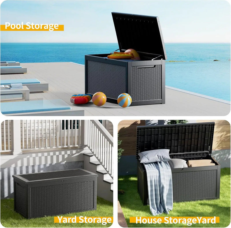 320 Gallon Waterproof Large Resin Deck Box Indoor/Outdoor Lockable Storage Container and Seating for Garden, Pool, and Patio (320 Gallon, Black) by GreenHaven Gardens