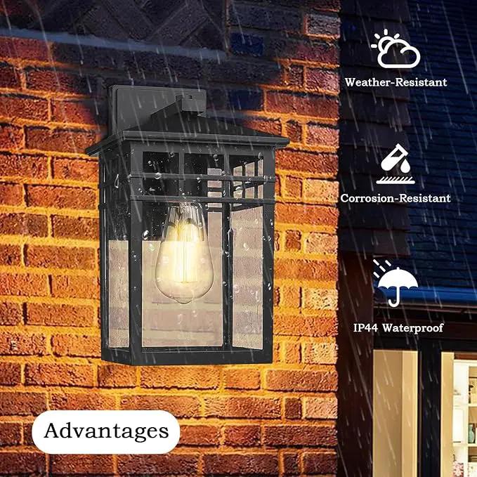 Outdoor Light Fixture Wall Mount, Modern Exterior Lights Fixture Wall Sconces with Seeded Glass for Front Porch, Farmhouse Rustic Waterproof Lantern Lamp in Black Finish for Home, Barn, Garage by GreenHaven Gardens