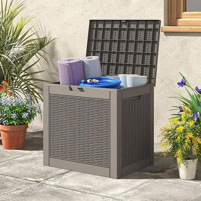 NUNU LAB 30 Gallon Waterproof Resin Deck Box, Lockable Outdoor & Indoor Storage Bench for Patio Cushions, Garden Tools, Pool Accessories & Package Deliveries – Grey by GreenHaven Gardens