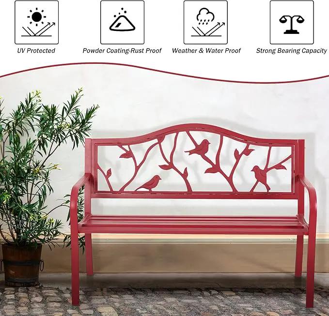 PHI VILLA Outdoor Patio 50" Metal Park Bench Red, Steel Frame Bench with Backrest and Armrests for Porch, Patio, Garden, Lawn, Balcony, Red Bird by GreenHaven Gardens
