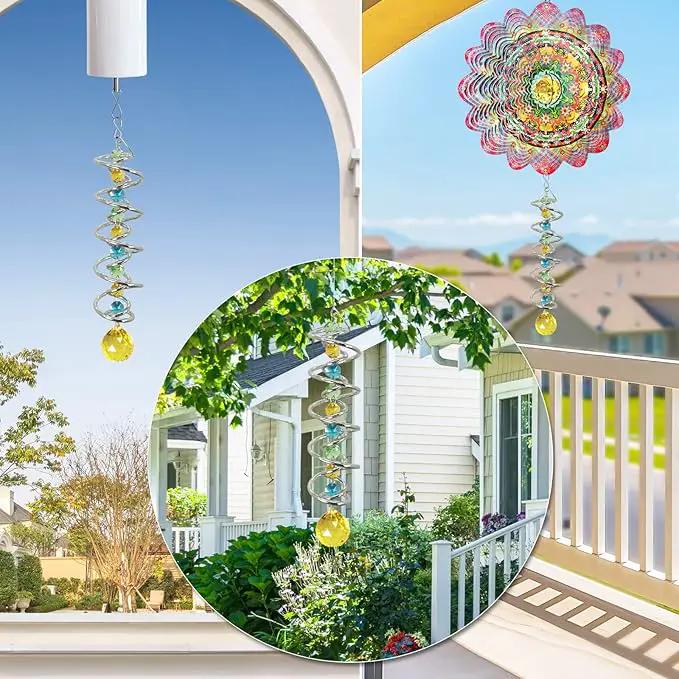 FONMY Gazing Ball Spiral Tail -Decorative Wind Spinner Sun Catcher Rainbow Maker Double-Spiral W/Golden Crystal Ball and Chain Crystals for Indoor Outdoor Garden Decoration -14 inch Height by GreenHaven Gardens