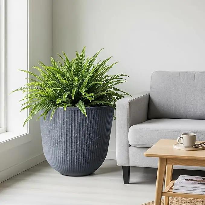WORTH Garden Round Large Planter Pot Set of 2-17.5" Dia x 15.5" H - Durable Plastic Grey Plant Tree Pots with Vertical Stripe Textured Finish, Drainage Hole for Indoor, Outdoor, Front Porch, Patio by GreenHaven Gardens
