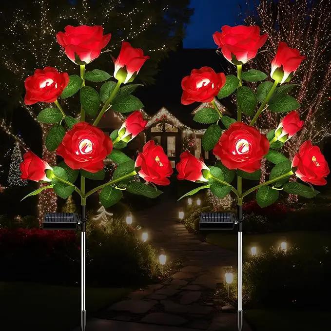 2 Pack Solar Garden Lights Outdoor, 7-Flower Rose LED Stake Light for Yard Patio Pathway Lawn Fence Cemetery, Red by GreenHaven Gardens