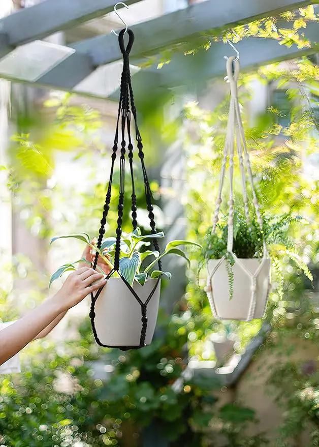 Macrame Plant Hanger Indoor Hanging with Wood Beads Macrame Planters No Tassel for Indoor Outdoor Boho Home Decor 35 Inch (Black,2pcs) by GreenHaven Gardens