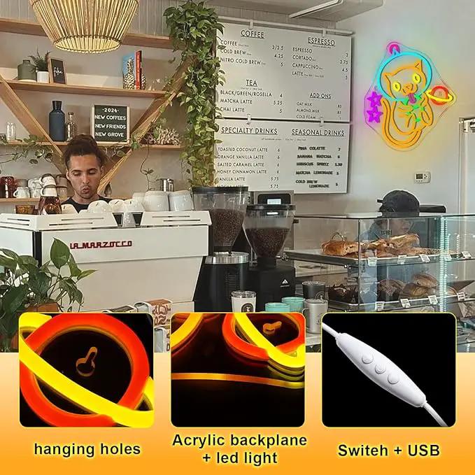 Astronaut Boba Tea Cat Neon Sign Cat Neon Lights for Wall Decor Cute Kitty with Stars Asteroids Anime Led Light Sign for Kids Bedroom Dimsum Store Cofes Bar Milk Tea Shop by GreenHaven Gardens