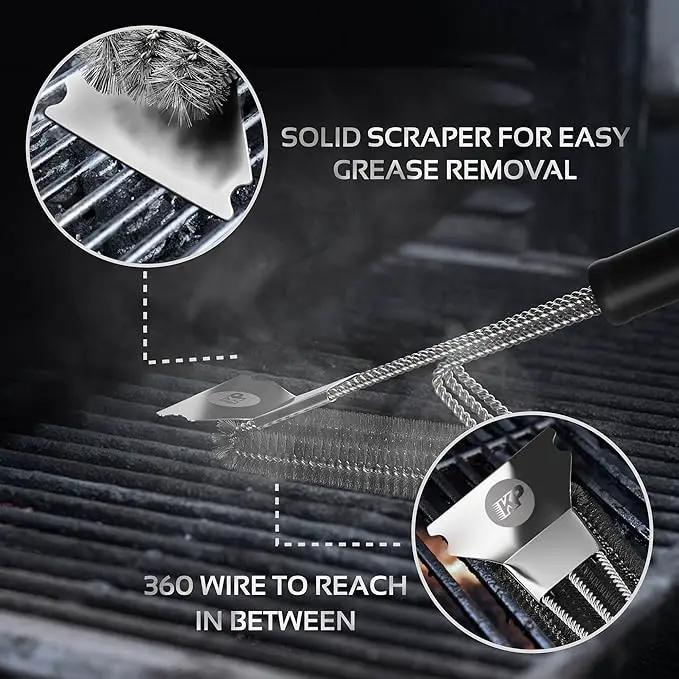 KITCHEN PERFECTION Safe Wire Grill Brush for Outdoor Grill w/Grill Scraper & Grill Mat Grill Cleaning Kit -Extended Handle BBQ Brush for Effortless Grill Cleaning Grill Cleaner Brush Barbecue Tools by GreenHaven Gardens