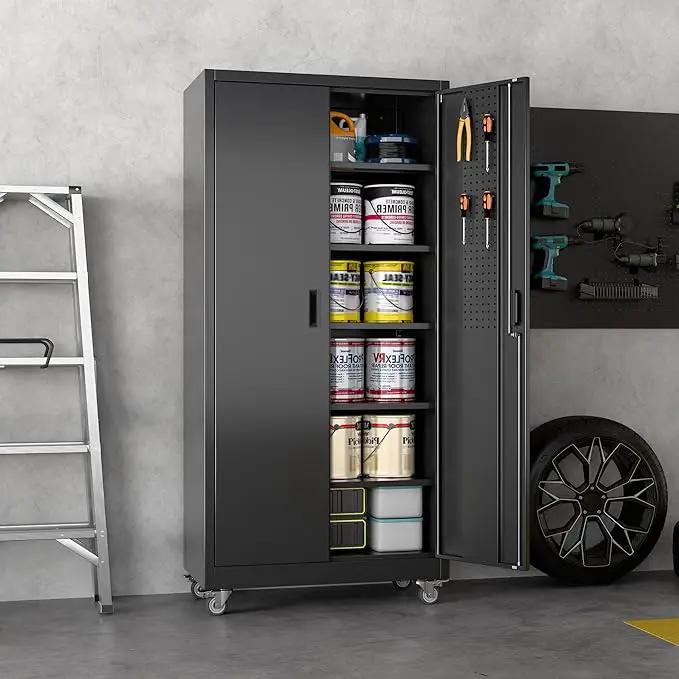 Garage Storage Cabinet with Wheels & Pegboard, 71" H×34" W×18" D Locking Metal Storage Cabinet with 2 Doors and 5 Adjustable Shelves for Garage Workshop Home, Black, Assembly Required by GreenHaven Gardens