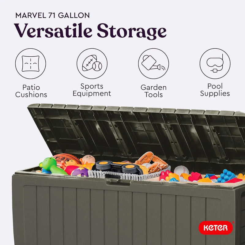 Keter Marvel Plus 71 Gallon Resin Deck Box-Organization and Storage for Patio Furniture Outdoor Cushions, Throw Pillows, Garden Tools and Pool Floats, Mossy Brown by GreenHaven Gardens