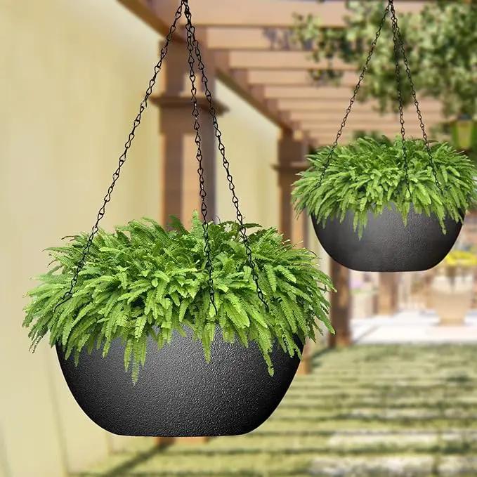 WOUSIWER 13 inch 2Pack Large Hanging Planters for Outdoor Indoor Plants with Drainage Holes and Chain, Round Hanging Flower Pots for Garden Home Porch Decor, Black by GreenHaven Gardens
