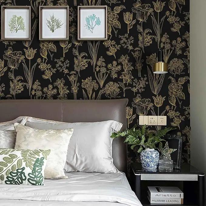 Dimoon 236"x17.3" Floral Wallpaper Peel and Stick Flowers Golden Black Contact Paper Thicken Waterproof Modern Self Adhesive Plants Wallpaper Removable Wall Paper Shelf Vinyl Roll by GreenHaven Gardens
