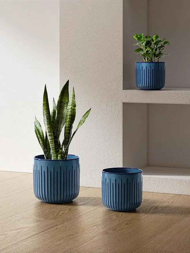 LE TAUCI Fluted Ceramic Planters Set of 3 – 8.3/7 / 5.7 in Ocean Blue Reactive Cylinder Indoor Plant Pots with Drainage Plug & Mesh, Glossy Stoneware Flower Pots for Succulents Herbs by GreenHaven Gardens