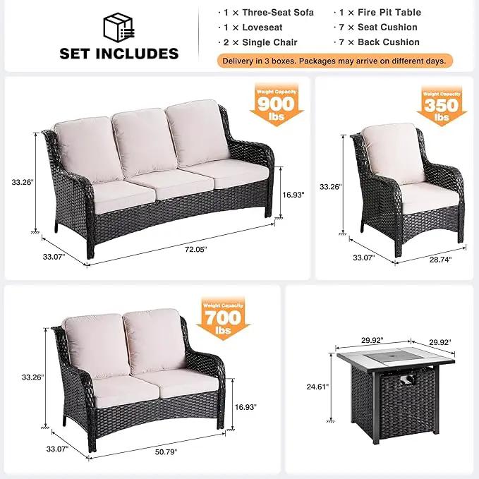 ovios 5 Pieces Patio Furniture Set with 30" Fire Pit Table, Outdoor Wicker Sofa with Loveseat, Comfy Cushions, High Back Couch Conversation Set, Brown Rattan, Beige by GreenHaven Gardens
