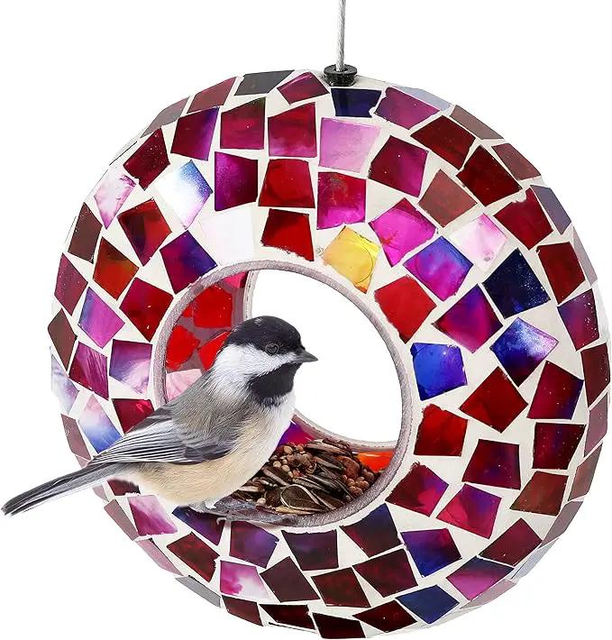 Sunnydaze 6-Inch Glass Mosaic Hanging Bird Feeder for Outdoors - Fly-Through Wild Bird Feeder - Crimson Mosaic by GreenHaven Gardens