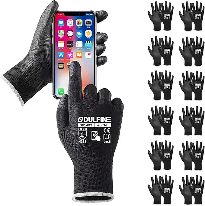 DULFINE Safety Work Gloves PU Coated for Men and Women-12 Pairs,Black Seamless Knit Glove with Two Fingers Touchscreen,Ideal for General Duty Work (Large) by GreenHaven Gardens
