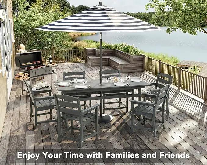 7pcs Outdoor Dining Set, HDPE Patio Dining Set for 6, All-Weather Outdoor Table and Chairs with Umbrella Hole & Adjustable Pads, Modern Patio Furniture Set for Backyard, Poolside &Lawn (Grey) by GreenHaven Gardens