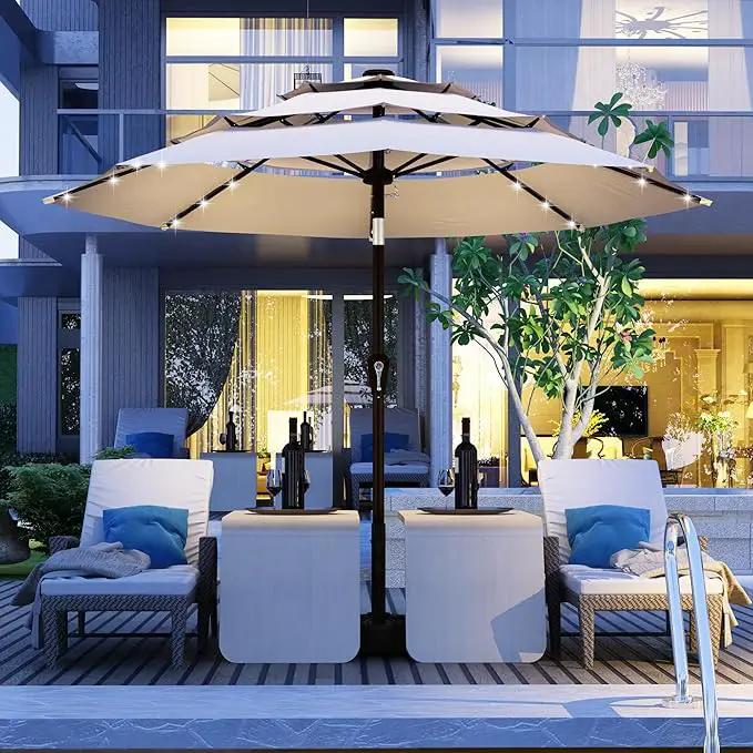 Kingdura 10ft 3-Tier Patio Umbrella with Solar Lights, Table Umbrella Outdoor Patio with Easy Crank & Tilt, 8 Sturdy Ribs, UV Protection, 32 LED Lights for Deck, Poolside, Market (Beige) by GreenHaven Gardens