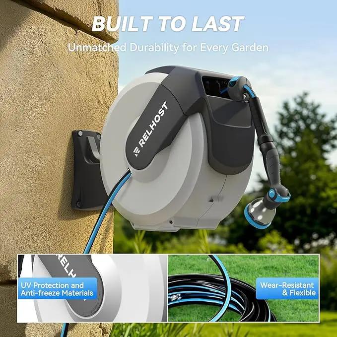 Retractable Garden Hose Reel - 100 ft x 5/8 in Heavy Duty Wall Mount with Auto Rewind, Any Length Lock, 180° Swivel Bracket & 10-Pattern Nozzle (White & Grey) by GreenHaven Gardens