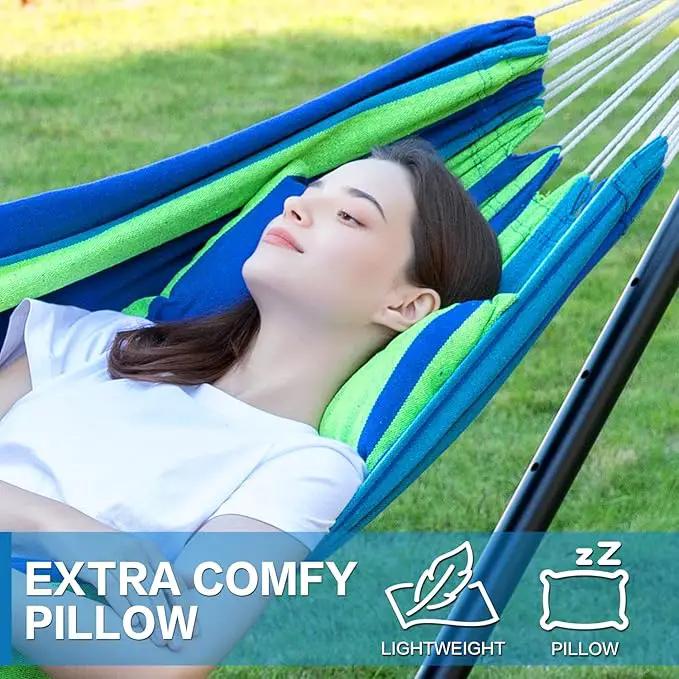 PNAEUT Double Hammocks with Stand for Outside, Portable Space Saving Heavy-Duty Steel Stand for Indoor Outdoor Patio with Carrying Bag, 450 lbs Capacity (Blue) by GreenHaven Gardens