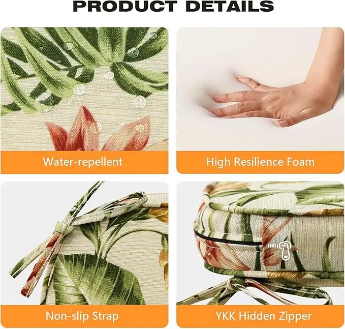 Round Corner Seat Cushions, 17" x 16" x 2", Set of 4, Indoor Outdoor Water Repellent Universal Chair Pads with Ties for Patio Furniture, Garden Deck Dining Chairs, Leaf and Flower by GreenHaven Gardens