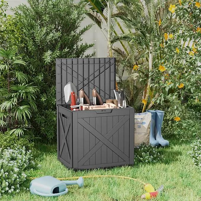 32 Gallon Resin Deck Box, Lockable Outdoor Storage Box for Patio Cushions Storage Furniture,Garden Tools, Pool Supplies, Weatherproof and UV Resistant（Black X） by GreenHaven Gardens