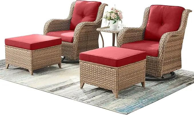 Outdoor Wicker Patio Furniture Set - 5 Pieces Rattan Patio Conversation Set with 2 Rocking Swivel Chairs,2 Ottomans and 1 Side Table for Porch Deck Backyard Garden(Yellow/Red) by GreenHaven Gardens