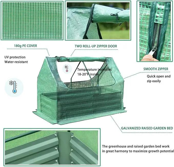 Aoodor 4 x 2 x 1 ft Raised Garden Metal Bed, Mini Greenhouse Kit with 2 Roll-up Zipper Doors, for Vegetables, Herbs and Flowers by GreenHaven Gardens