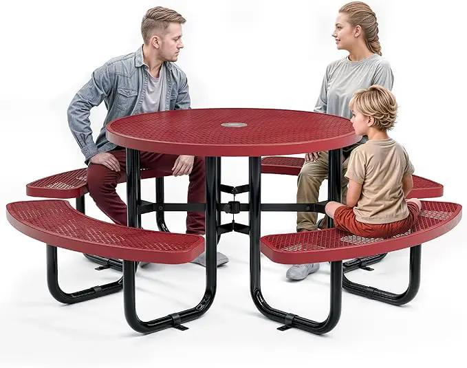 Metal Picnic Tables for Outdoors with Umbrella Hole - Coated Steel Heavy Duty Commercial Grade Table with Adjustable Seats (Red, 46 in, Round, Expanded Steel) by GreenHaven Gardens