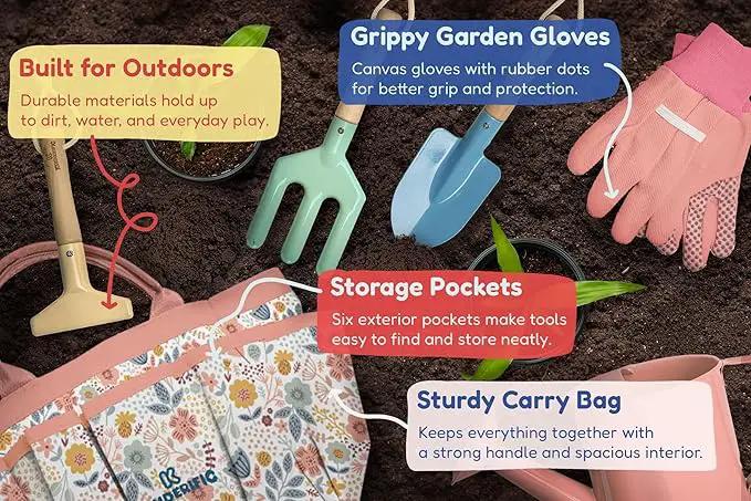 Gardening Set, Tool Kit, for Kids, STEM, Includes Tote Bag, Spade, Watering Can, Rake, Fork, Trowel and Gloves (Petal) by GreenHaven Gardens